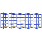 Fünf blaue Q-Rax Lagerregale mit Holzregalen, jeweils 180 cm hoch, 90 cm breit und 50 cm tief, ideal für die Lagerung und Organisation von Gegenständen