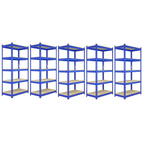 Fünf blaue Q-Rax Lagerregale mit Holzregalen, jeweils 180 cm hoch, 90 cm breit und 50 cm tief, ideal für die Lagerung und Organisation von Gegenständen