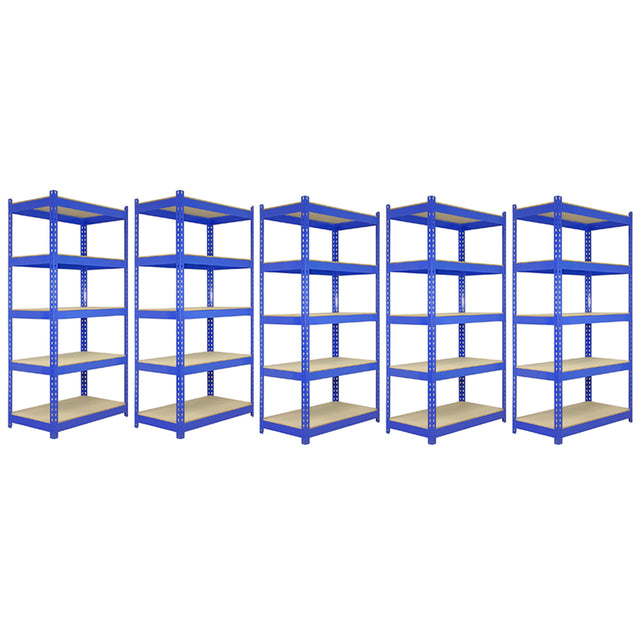 Fünf blaue Q-Rax Lagerregale mit Holzregalen, jeweils 180 cm hoch, 90 cm breit und 50 cm tief, ideal für die Lagerung und Organisation von Gegenständen