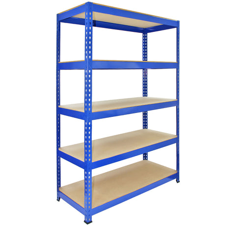 Schraubenfreies Lagerregal in Blau, 180 cm hoch, 120 cm lang und 50 cm breit, mit fünf stabilen, hellen Holzregalen für vielseitige Aufbewahrung