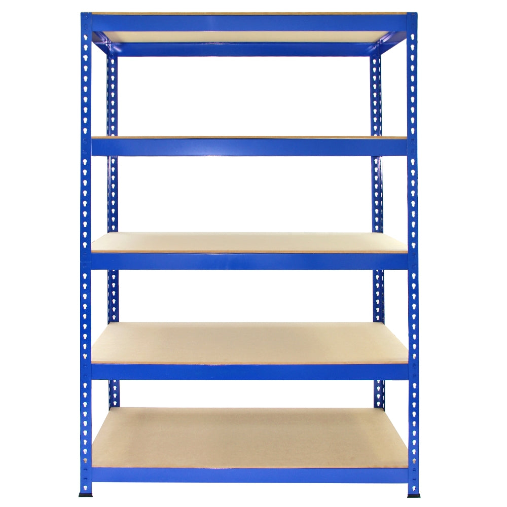 Blaues Lagerregal mit fünf stabilen Regalböden aus Holz, ideal für die Aufbewahrung von Werkzeugen und anderen Gegenständen, robust und funktional
