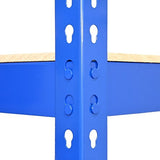 Blaues Q-Rax Lagerregal mit stabilen Metallrahmen und Holzregalböden, ideal für die Aufbewahrung von Werkzeugen und Materialien, detailreiche Struktur
