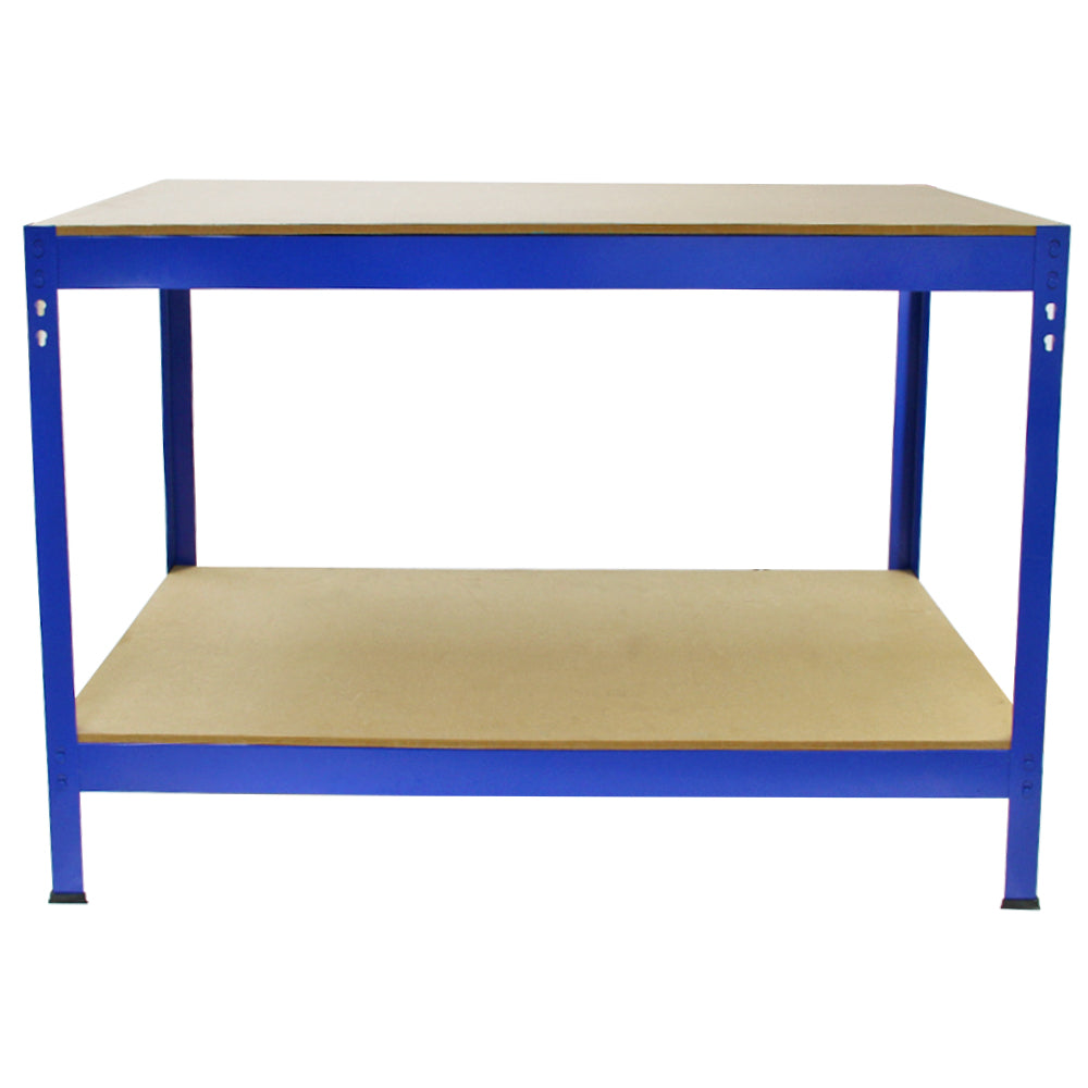 Robuste Werkbank in Blau mit einer stabilen Holzplatte und einem unteren Regal, ideal für Werkstätten und Hobbyräume, 100 cm breit