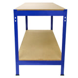 Robuste Werkbank Q-Rax in Blau mit zwei stabilen MDF-Regalen, ideal für Werkstätten und Hobbyräume, bietet viel Platz und Stabilität