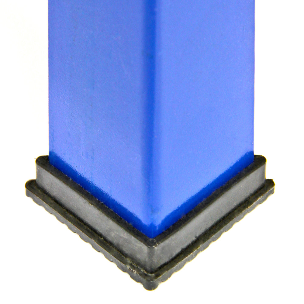 Stabile blaue T-Rax Lagerregalstütze mit quadratischem Fuß aus schwarzem Gummi, ideal für sicheren Stand und hohe Belastbarkeit