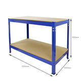 Blaues Lagerregal mit zwei stabilen MDF-Regalen, Maße 120x60x90 cm, ideal für Werkstätten und Lagerräume, robust und funktional