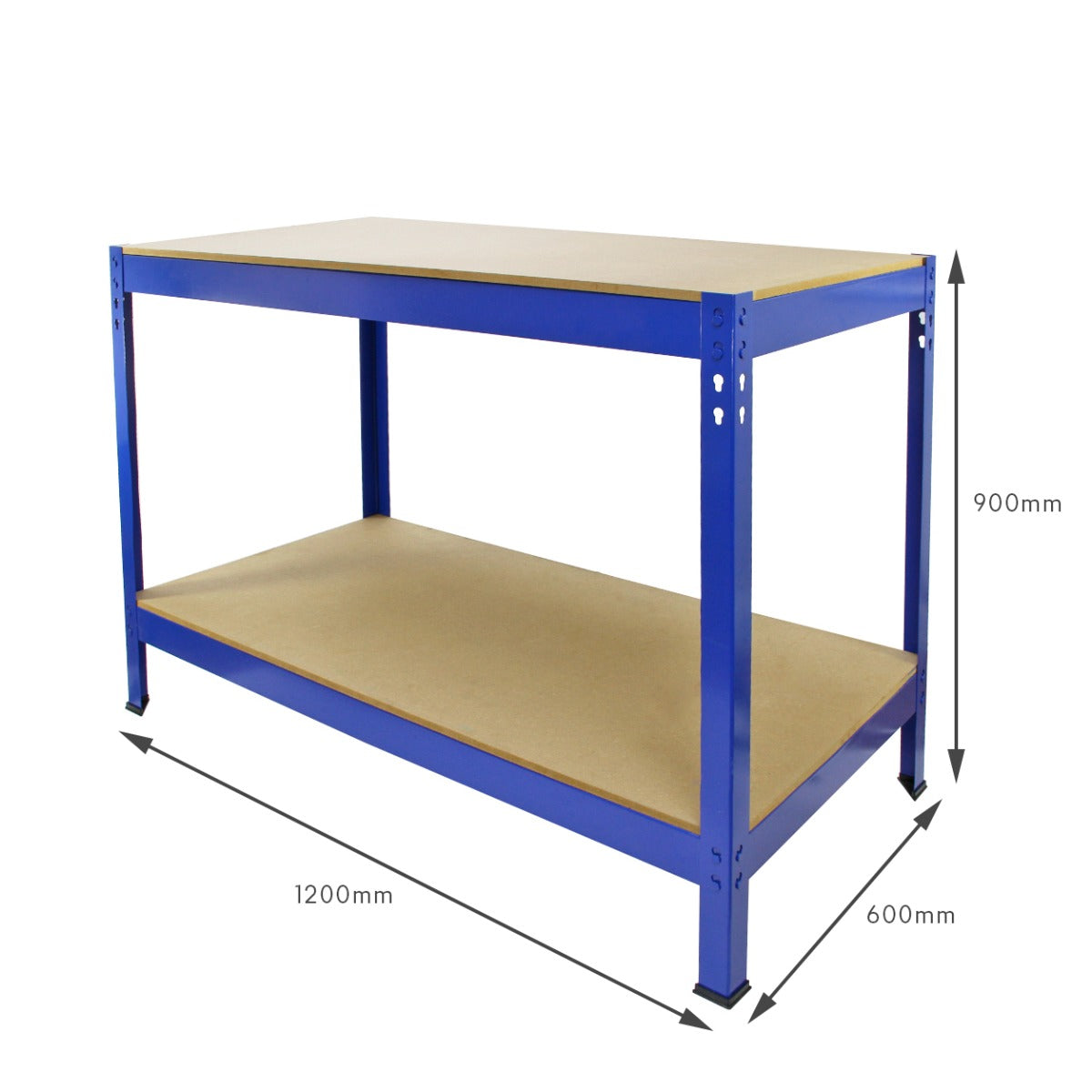 Robuste Werkbank Q-Rax in Blau mit einer stabilen MDF-Oberfläche, 120 cm lang, 60 cm breit und 90 cm hoch, ideal für Werkstätten und Garagen