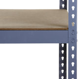 Robustes Q-Rax Lagerregal in Blau mit einem stabilen, braunen Holzregalboden, ideal für die Aufbewahrung von Werkzeugen und Materialien