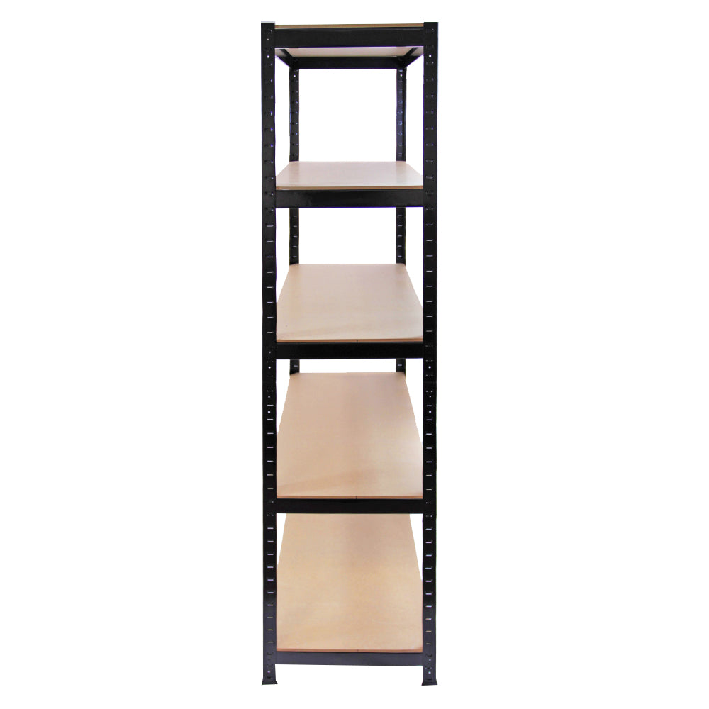 Schwarzes T-Rax Lagerregal mit fünf stabilen Holzregalen, 90 cm lang und 45 cm breit, ideal für Lagerung und Organisation in Werkstätten oder Garagen