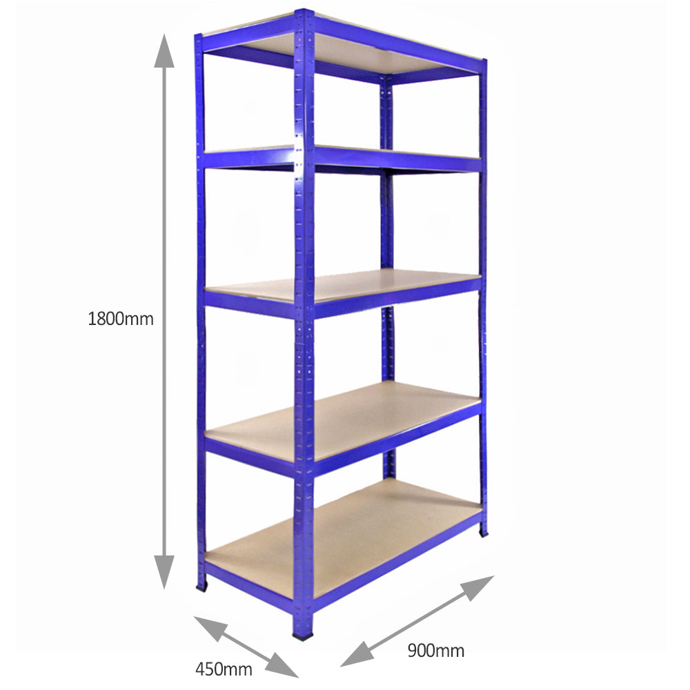 Robuster blauer Regalschrank mit vier stabilen Ablagen, 182,5 cm hoch, 90 cm lang und 45 cm breit, ideal für die Lagerung von Gegenständen
