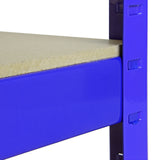 Blaues Lagerregal mit stabiler, glatter Holzplatte und robustem Metallrahmen, ideal für die Organisation von Werkzeugen und Materialien