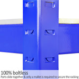 Blaue Monster Racking T-Rax Lagerregale mit 90 cm Höhe, 100 % schraubenlos, stabile Konstruktion und glatte Oberflächen für einfache Montage