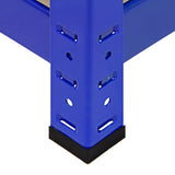 Blauer Metallrahmen eines 90 cm hohen Lagerregals mit stabilen, perforierten Seiten und schwarzem Gummifuß für sicheren Stand