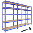 Drei blaue Monster Racking T-Rax Lagerregale mit Holzregalen und einem kostenlosen Gummihammer, ideal für die Organisation von Lagerraum