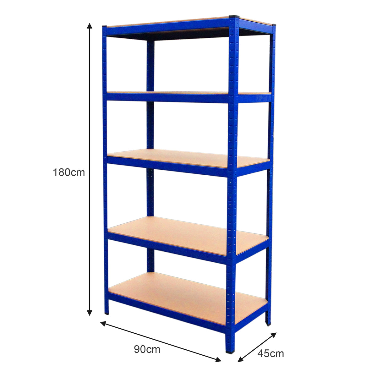Blaues 4x T-Rax Lagerregal mit fünf stabilen Regalböden aus Holz, 90 cm breit, 180 cm hoch, ideal für Werkstätten und Lagerung