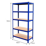 Blaues 4x T-Rax Lagerregal mit fünf stabilen Regalböden aus Holz, 90 cm breit, 180 cm hoch, ideal für Werkstätten und Lagerung