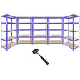 Fünf blaue Monster Racking T-Rax Lagerregale mit stabilen Holzregalen, ideal für die Aufbewahrung und Organisation von Gegenständen in verschiedenen Räumen