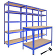 Robustes blaues Lagerregal mit drei T-Rax-Regalen und einer Arbeitsfläche aus Holz, ideal für die Organisation von Werkzeugen und Materialien