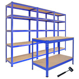 Robustes blaues Lagerregal mit drei T-Rax-Regalen und einer Arbeitsfläche aus Holz, ideal für die Organisation von Werkzeugen und Materialien