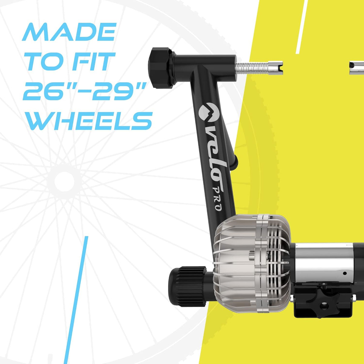 Flüssigkeits-Rollentrainer Velo Pro in Schwarz, geeignet für 26"-29" Räder, mit robustem Metallrahmen und präziser Anpassung für stabilen Halt