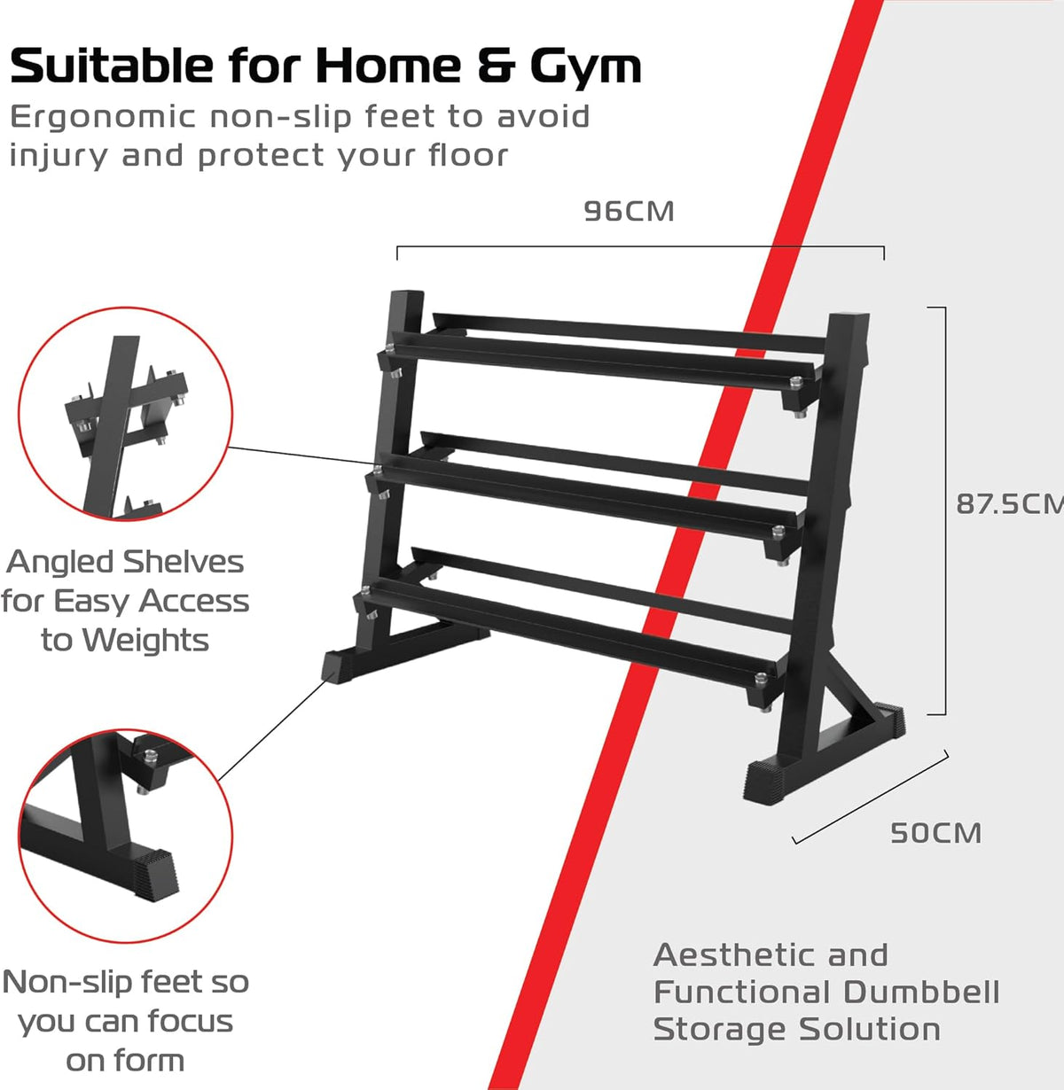 Schwarzer, stabiler Hantelständer mit drei stufigen Ablagen, rutschfesten Füßen und ergonomischem Design, ideal für Heim- und Studiogym