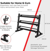 Schwarzer, stabiler Hantelständer mit drei stufigen Ablagen, rutschfesten Füßen und ergonomischem Design, ideal für Heim- und Studiogym