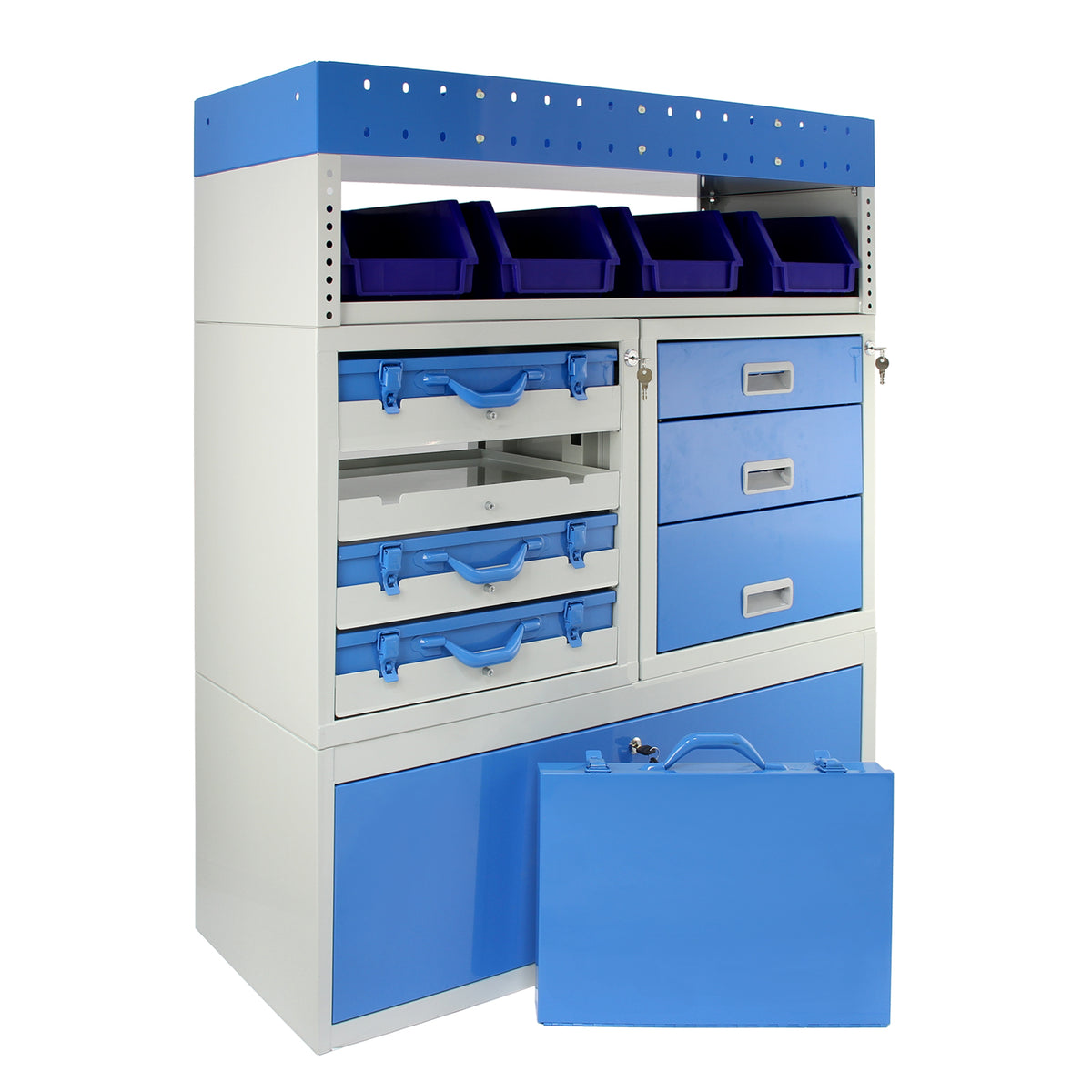 Fahrzeugeinrichtung mit blauen Schubladen und Regalen, ideal für Werkstätten, bietet Stauraum für Werkzeuge und Zubehör in robustem Design