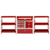 Robuste, rote Fahrzeugeinrichtung mit mehreren Regalen, Schubladen und Aufbewahrungsboxen, ideal für Werkstätten und Garagen zur optimalen Organisation