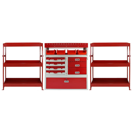 Robuste, rote Fahrzeugeinrichtung mit mehreren Regalen, Schubladen und Aufbewahrungsboxen, ideal für Werkstätten und Garagen zur optimalen Organisation