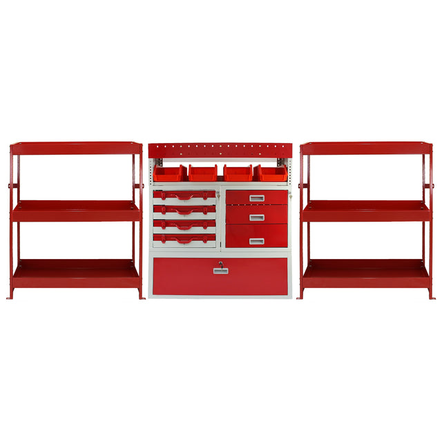 Robuste, rote Fahrzeugeinrichtung mit mehreren Regalen, Schubladen und Aufbewahrungsboxen, ideal für Werkstätten und Garagen zur optimalen Organisation