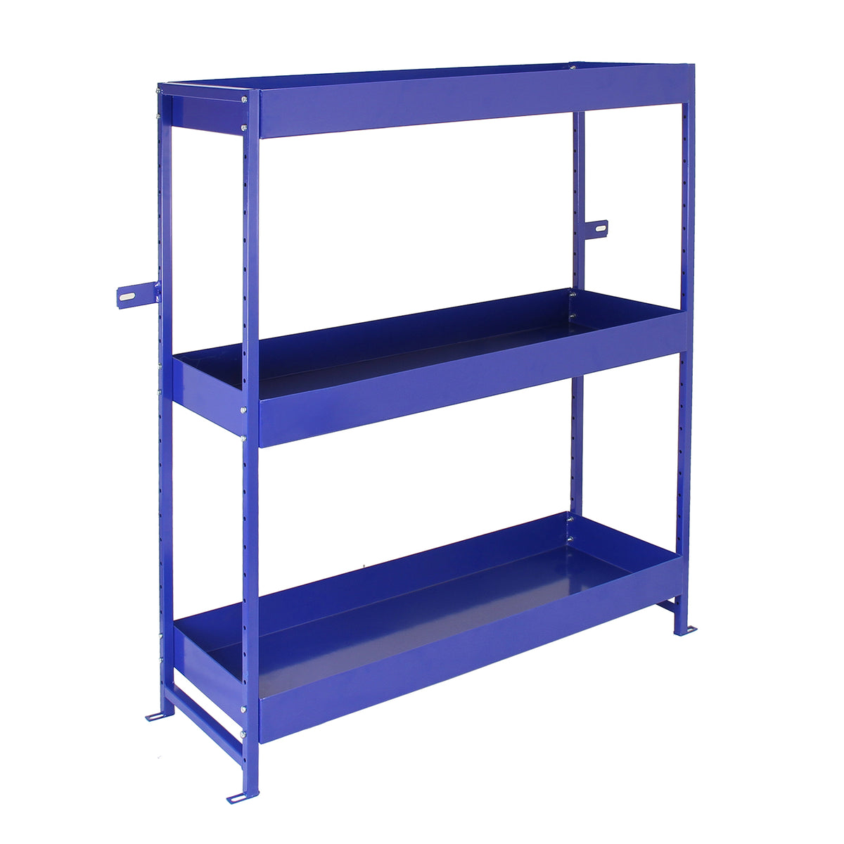Robustes Stahlregal in leuchtendem Blau mit zwei stabilen Ablagen, ideal für die Aufbewahrung von Werkzeugen und Fahrzeugzubehör