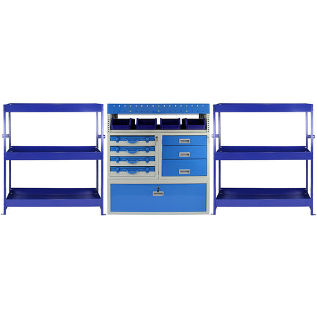 Robuste Fahrzeugeinrichtung aus Stahl in Blau mit mehreren Regalen, Schubladen und Fächern, ideal für Werkstätten und Lagerung