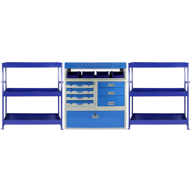 Robuste Fahrzeugeinrichtung aus Stahl in Blau mit mehreren Regalen, Schubladen und Fächern, ideal für Werkstätten und Lagerung