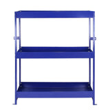 Stabiler blauer Metallregal mit drei offenen Ablagen, ideal für Fahrzeugausbau und Lagerung, robust und langlebig, modernes Design