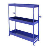 Robustes Stahlregal in Blau mit drei stabilen Ablagen, ideal für die Lagerung von Werkzeugen und Materialien in Werkstätten oder Garagen