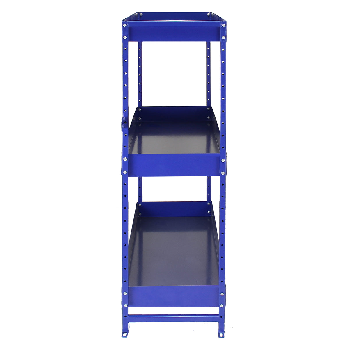 Stahlregal in leuchtendem Blau mit drei stabilen Ablagen, ideal für die Organisation von Werkzeugen und Fahrzeugzubehör in Werkstätten