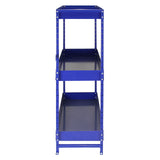 Stahlregal in leuchtendem Blau mit drei stabilen Ablagen, ideal für die Organisation von Werkzeugen und Fahrzeugzubehör in Werkstätten