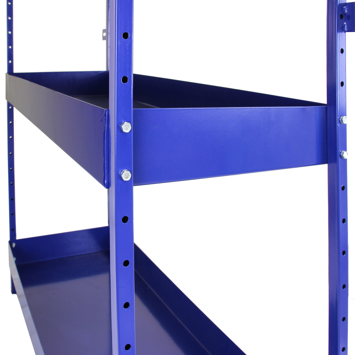 Robustes, blaues Regalsystem mit zwei offenen Ablagen, ideal für die Fahrzeugorganisation, aus strapazierfähigem Metall mit glatter Oberfläche