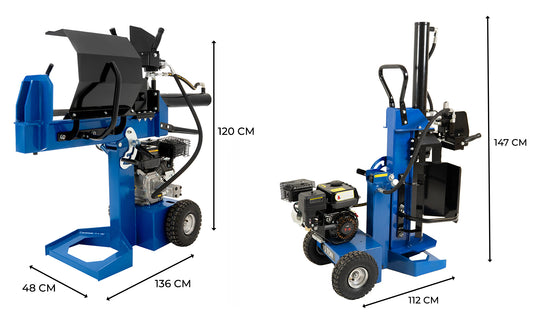 Blauer Holzspalter mit robustem Gestell, Motor und großen Rädern, ideal für effizientes Spalten von Holzscheiten in verschiedenen Größen
