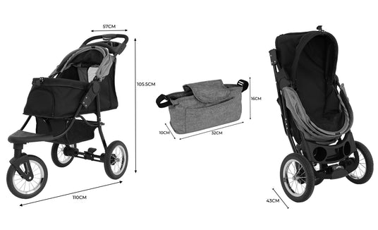 Schwarzer Kinderwagen mit grauen Akzenten, zusammenklappbar, mit großen Rädern, abnehmbarem Sitz und praktischer Tasche für Zubehör, Maße: 110 x 57 x 106,5 cm
