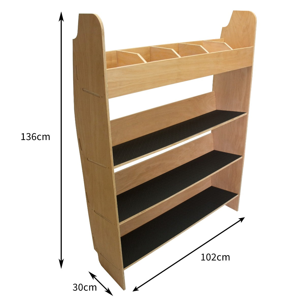 Holzregal mit drei schwarzen Ablagen und fünf Fächern, ideal für die Fahrzeugeinrichtung im Ford Transit Custom, 136 cm hoch und 102 cm breit