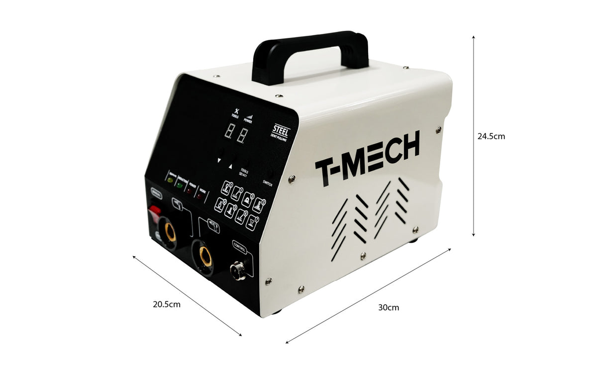 T-MECH Schweißgerät in Weiß und Schwarz, kompakt mit Bedienfeld, Griff und Anschlüssen, ideal für präzise Schweißarbeiten und Handwerk