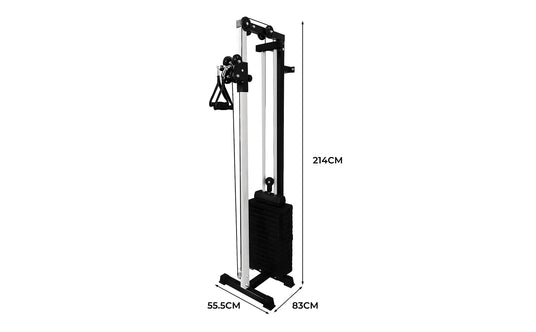 Krafttrainingsgerät mit schwarzem Gestell, verstellbaren Seilzügen und Gewichten, misst 214 cm in der Höhe und 83 cm in der Breite, ideal für Fitnessstudios