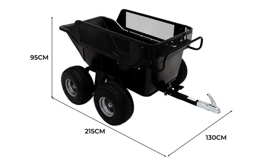 Schwarzer Transportwagen mit robusten Gummirädern, Drahtgitterkorb und stabiler Deichsel, ideal für Garten- und Baustellenarbeiten, Maße 215 cm x 130 cm x 95 cm