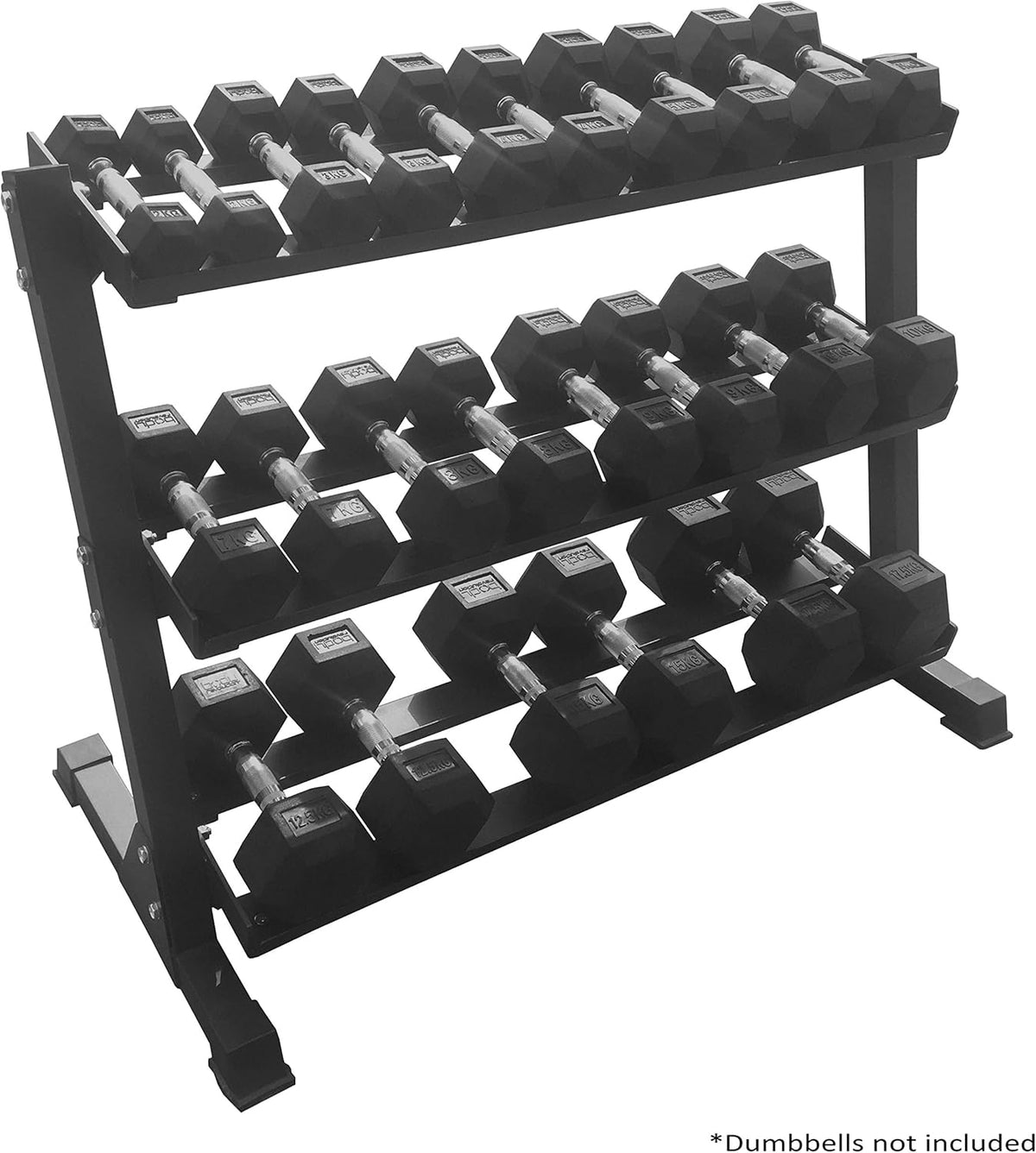 Schwerlast Hantelständer in mattem Schwarz, dreistufiges Design mit robusten, stabilen Ablagen für Hanteln, ideal für Heim- und Studiogym