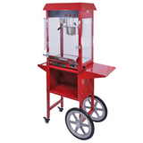 Rote KuKoo Popcornmaschine mit transparentem Gehäuse und Wagen, ausgestattet mit großen Rädern und einem Ablagetisch für Snacks