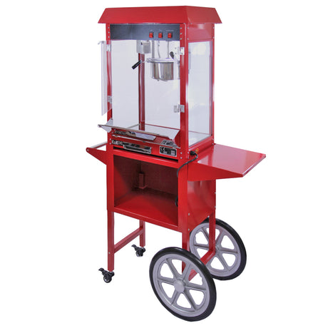 Rote KuKoo Popcornmaschine mit transparentem Gehäuse und Wagen, ausgestattet mit großen Rädern und einem Ablagetisch für Snacks