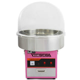 Zuckerwattemaschine in Pink mit glänzendem Edelstahlbehälter und transparenter Schutzkuppel, ideal für Partys und Veranstaltungen