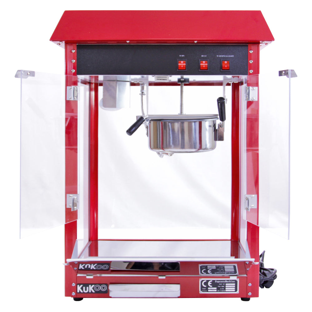 Retro Popcornmaschine in leuchtendem Rot mit transparenten Seitenwänden, glänzendem Kessel und Bedienelementen für einfaches Popcornzubereiten