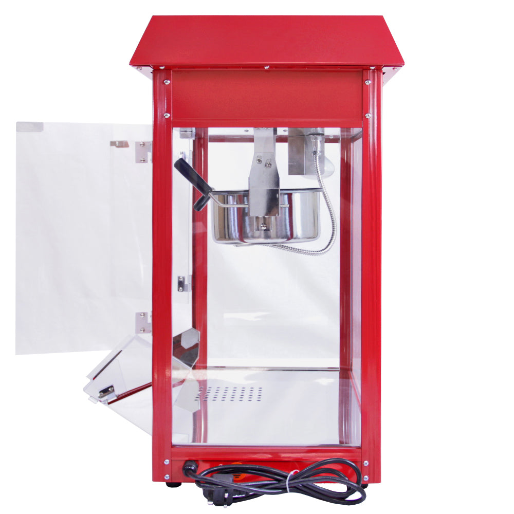 Retro Popcornmaschine in leuchtendem Rot mit transparentem Gehäuse, glänzender Edelstahlwanne und schwarzem Griff, ideal für frisches Popcorn